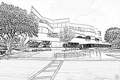 Architectural line drawing of a building